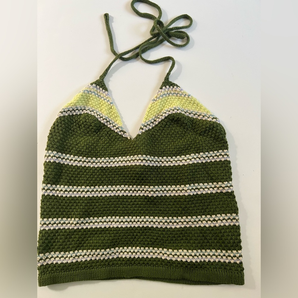 J.Crew Vintage Halter Top Green Sour Apple Crochet Knit Size Small - gently used